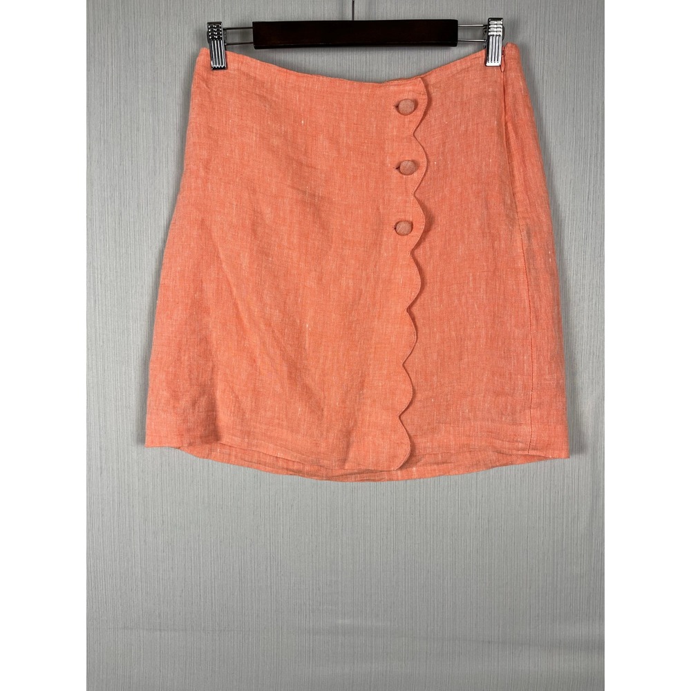 Talbots Linen Skirt Sz 2 Coral Scalloped Button Front Mini Preppy Summer - Picture 2 of 8